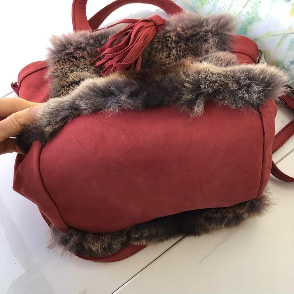 MISS ALBRIGHT Womens Crossbody Cow Leather Bag Salmon Red with Fur Fringe Detail